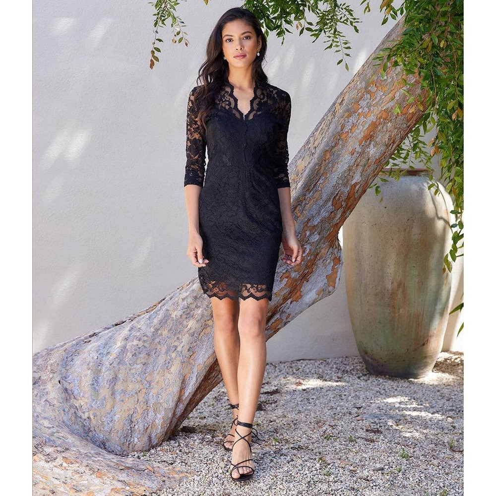 Karen Kane Black‎ Lace Scallop Sheath Dress 3/4 Sleeve V-Neck Size Large Party